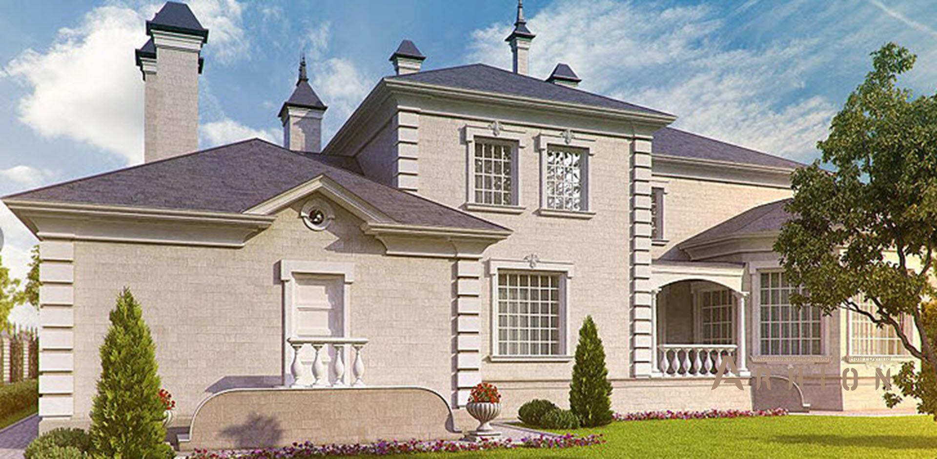 12. Проект двухэтажного дома в классическом стиле с четырехскатной, SOV-18, площадью - 536 кв c балконом, гаражом, эркером